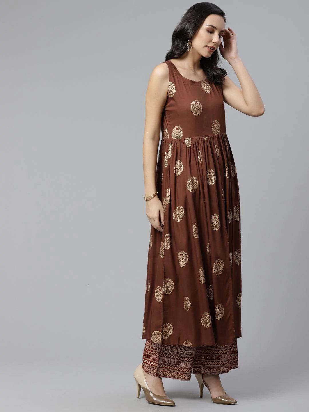 Brown Printed Rayon Kurta Set