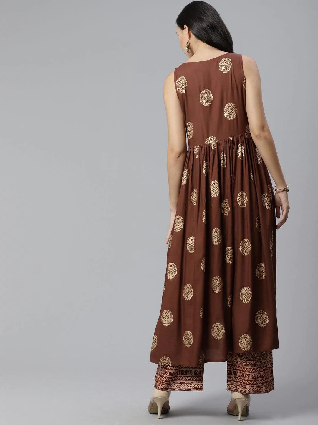 Brown Printed Rayon Kurta Set