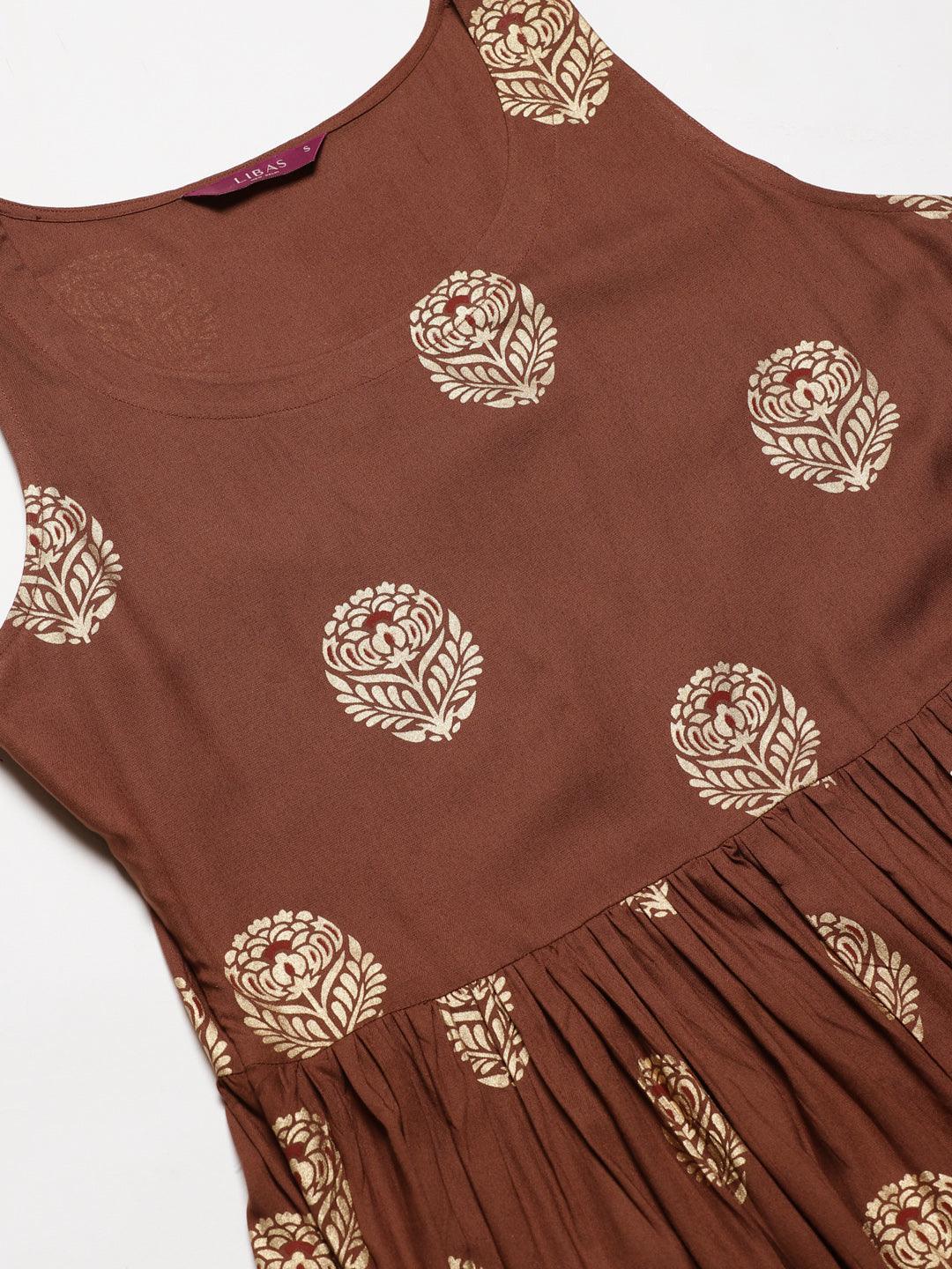 Brown Printed Rayon Kurta Set