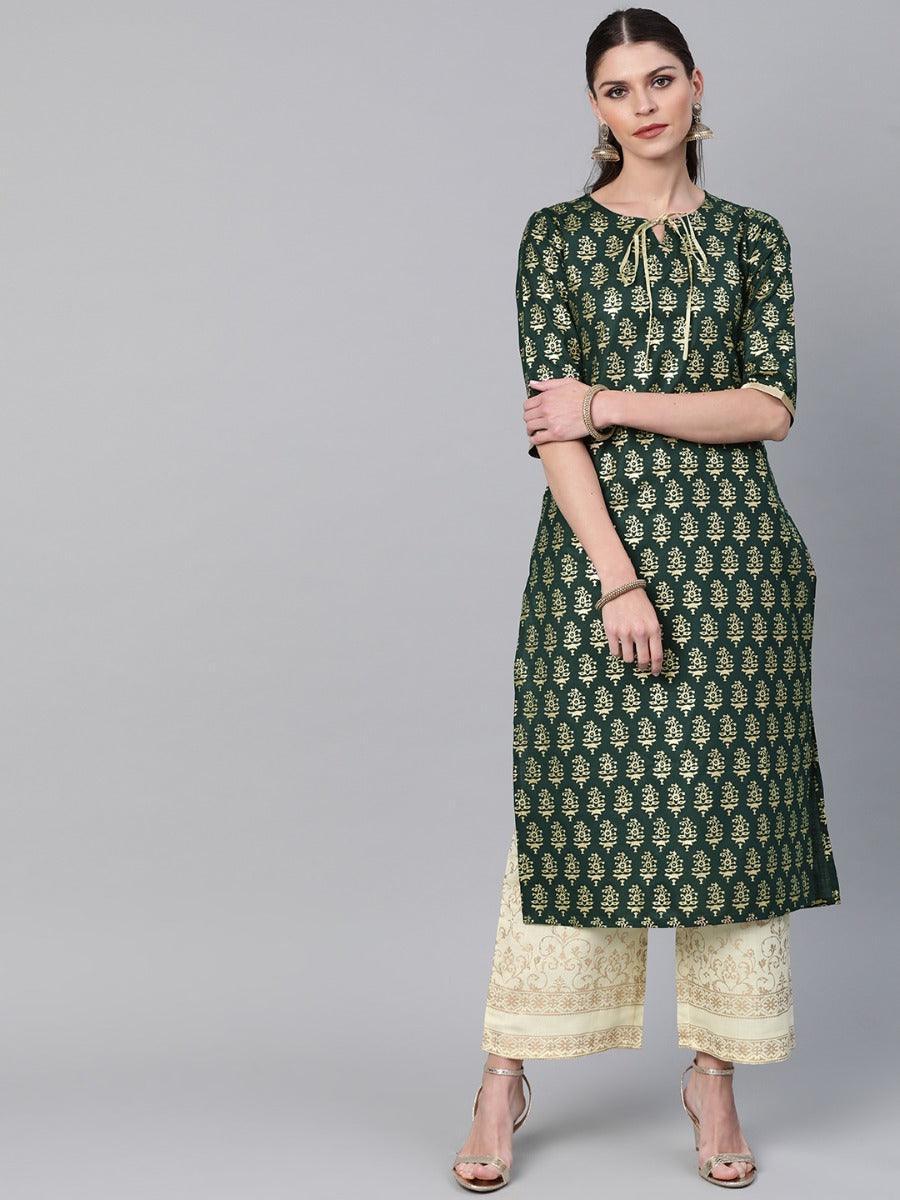 Green Printed Cotton Kurta Set - ShopLibas