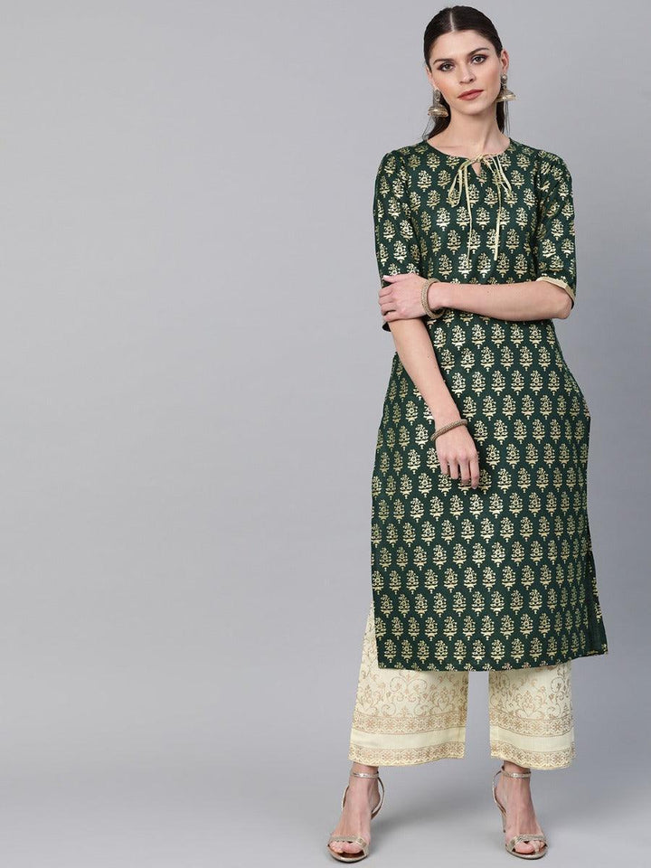 Green Printed Cotton Kurta Set - ShopLibas