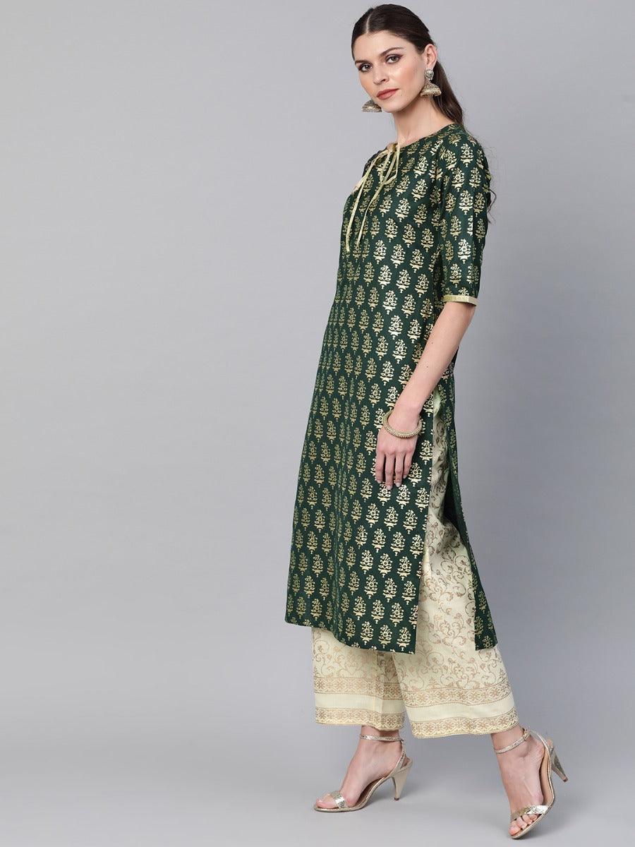 Green Printed Cotton Kurta Set - ShopLibas