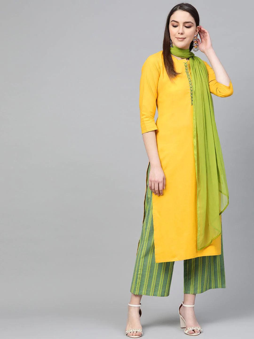 Yellow Embroidered Cotton Suit Set