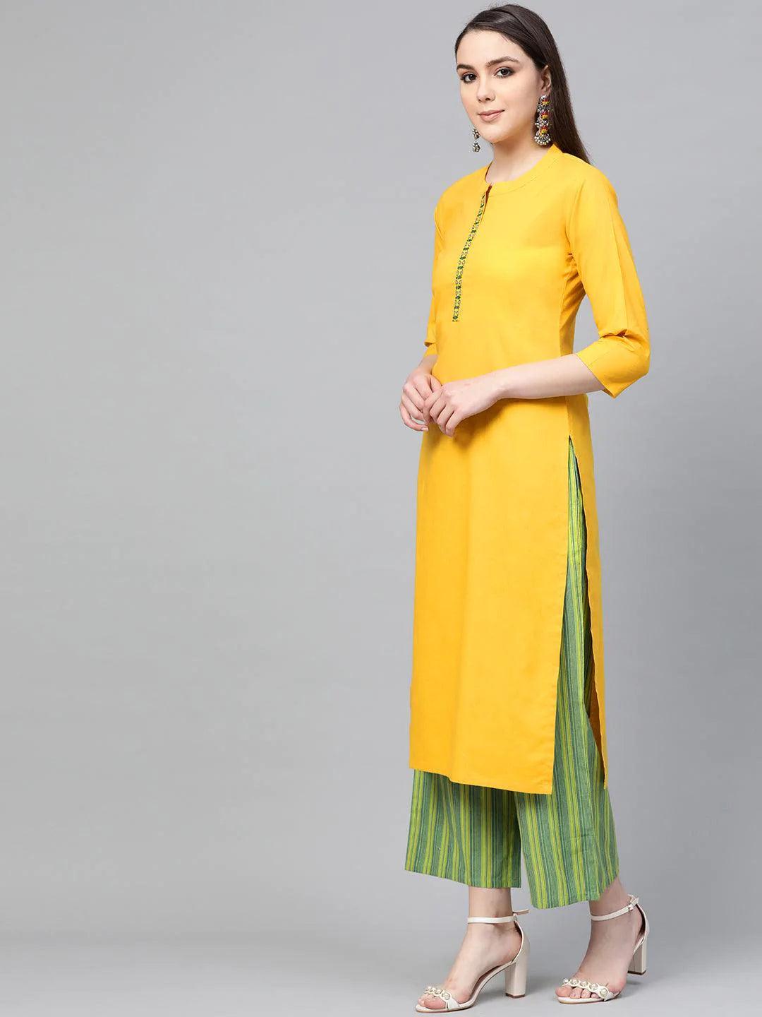 Yellow Embroidered Cotton Suit Set