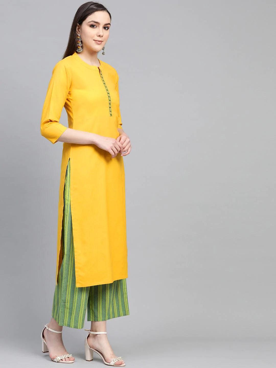 Yellow Embroidered Cotton Suit Set