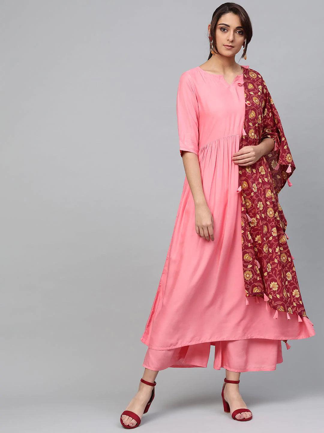 Pink Solid Rayon Suit Set