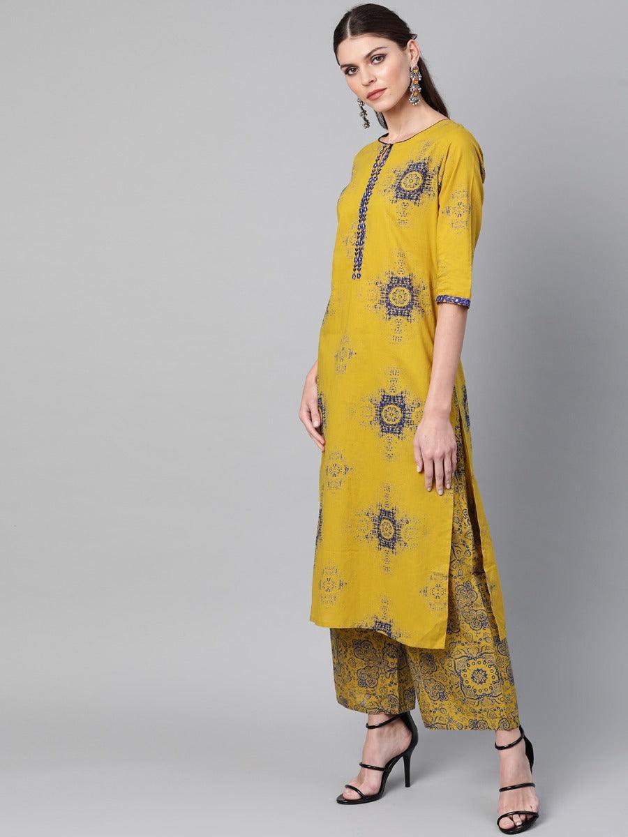 Mustard Printed Cotton Suit Set