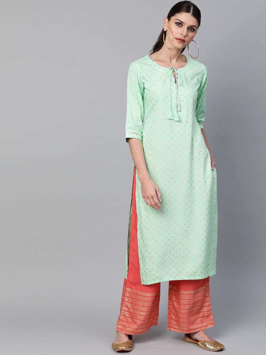 Sea Green Printed Rayon Kurta Set - ShopLibas