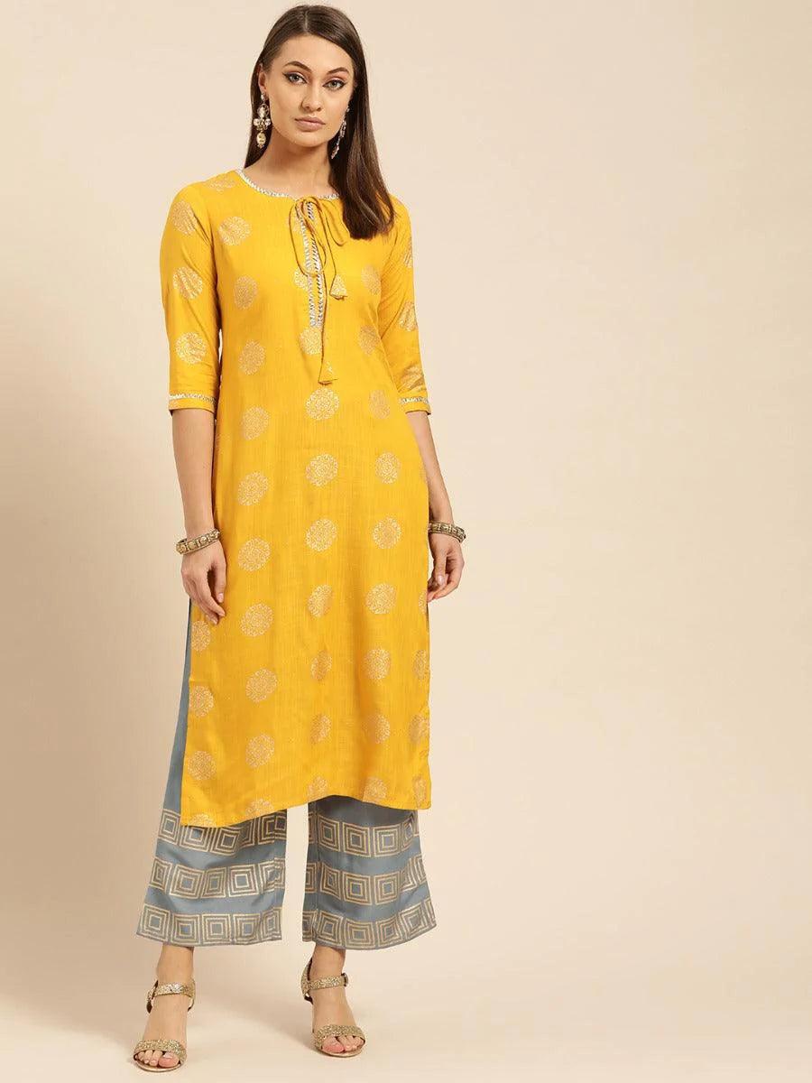 Mustard Printed Rayon Kurta Set - ShopLibas