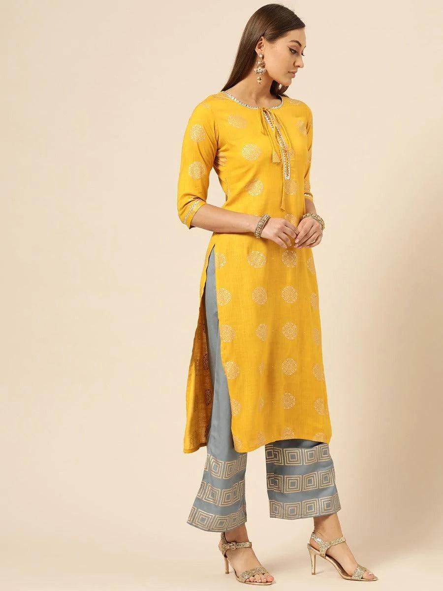 Mustard Printed Rayon Kurta Set - ShopLibas