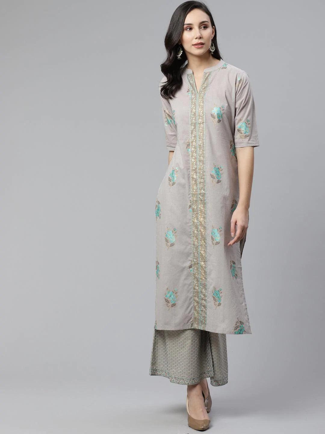 Grey Printed Cotton Kurta Set