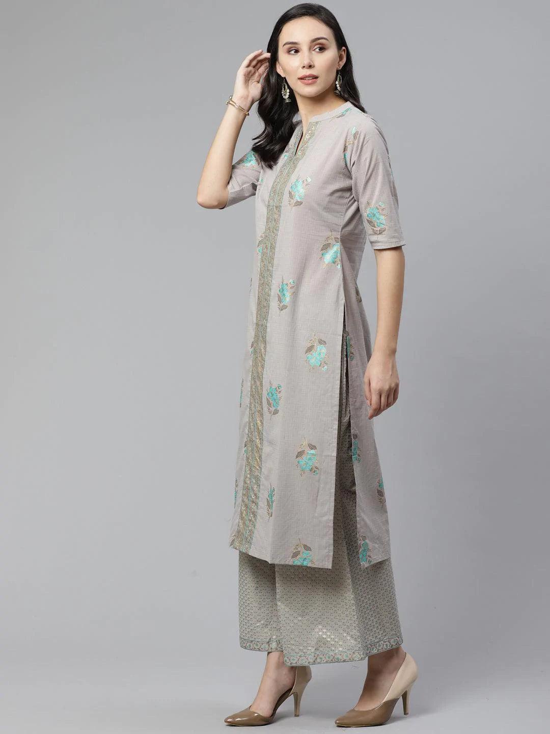 Grey Printed Cotton Kurta Set