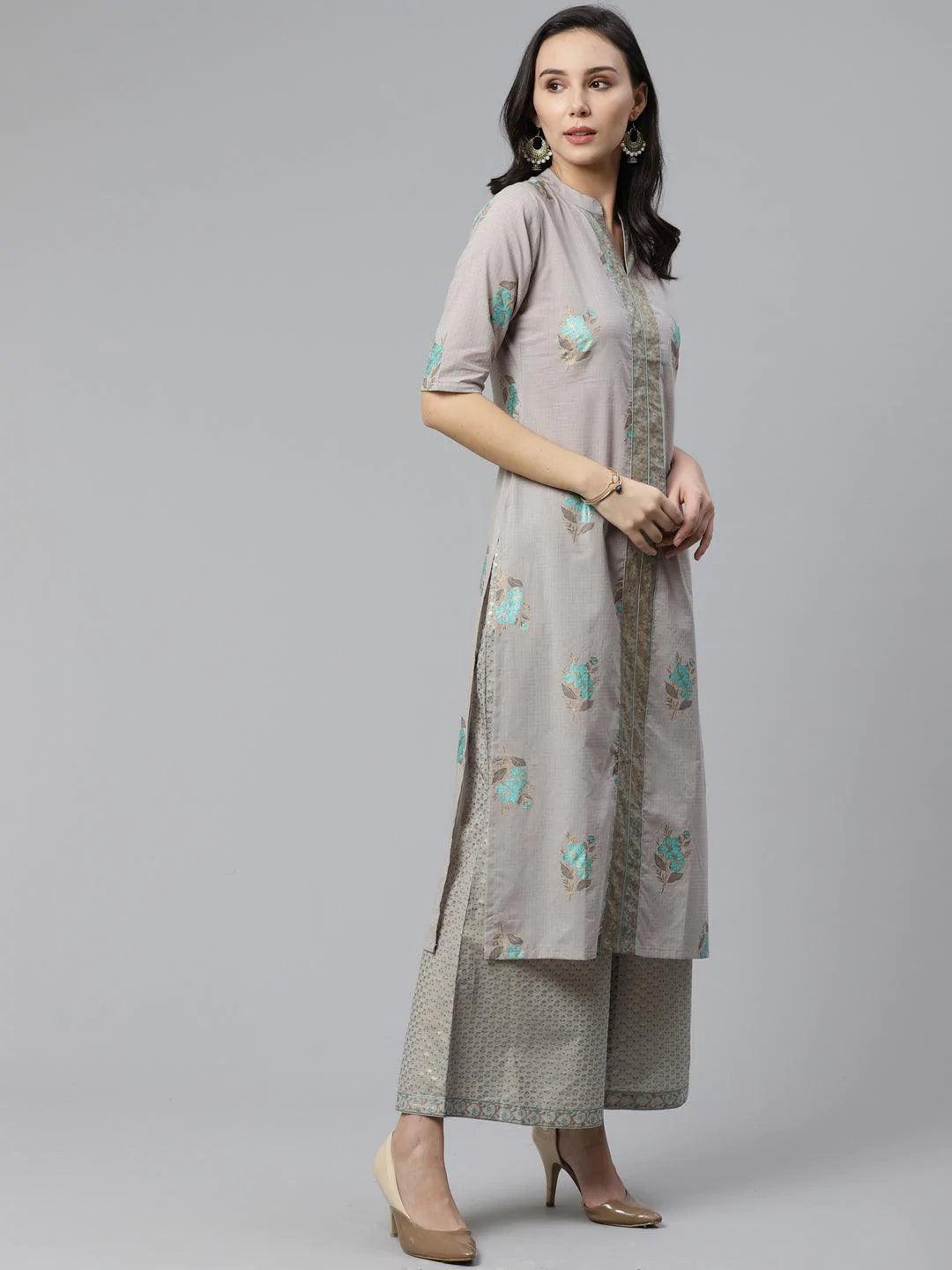 Grey Printed Cotton Kurta Set