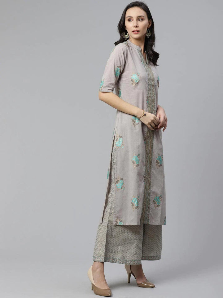 Grey Printed Cotton Kurta Set - ShopLibas