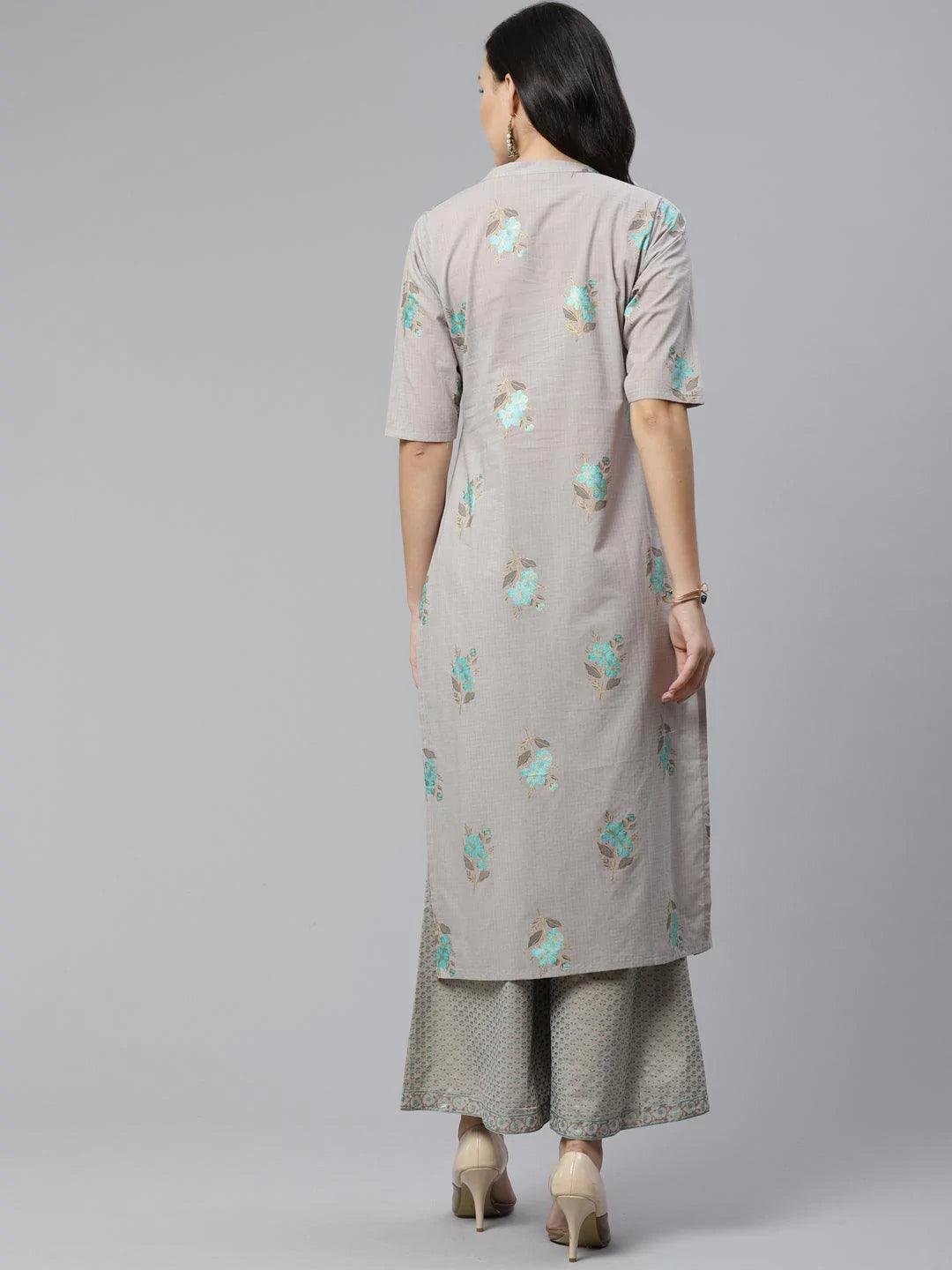 Grey Printed Cotton Kurta Set