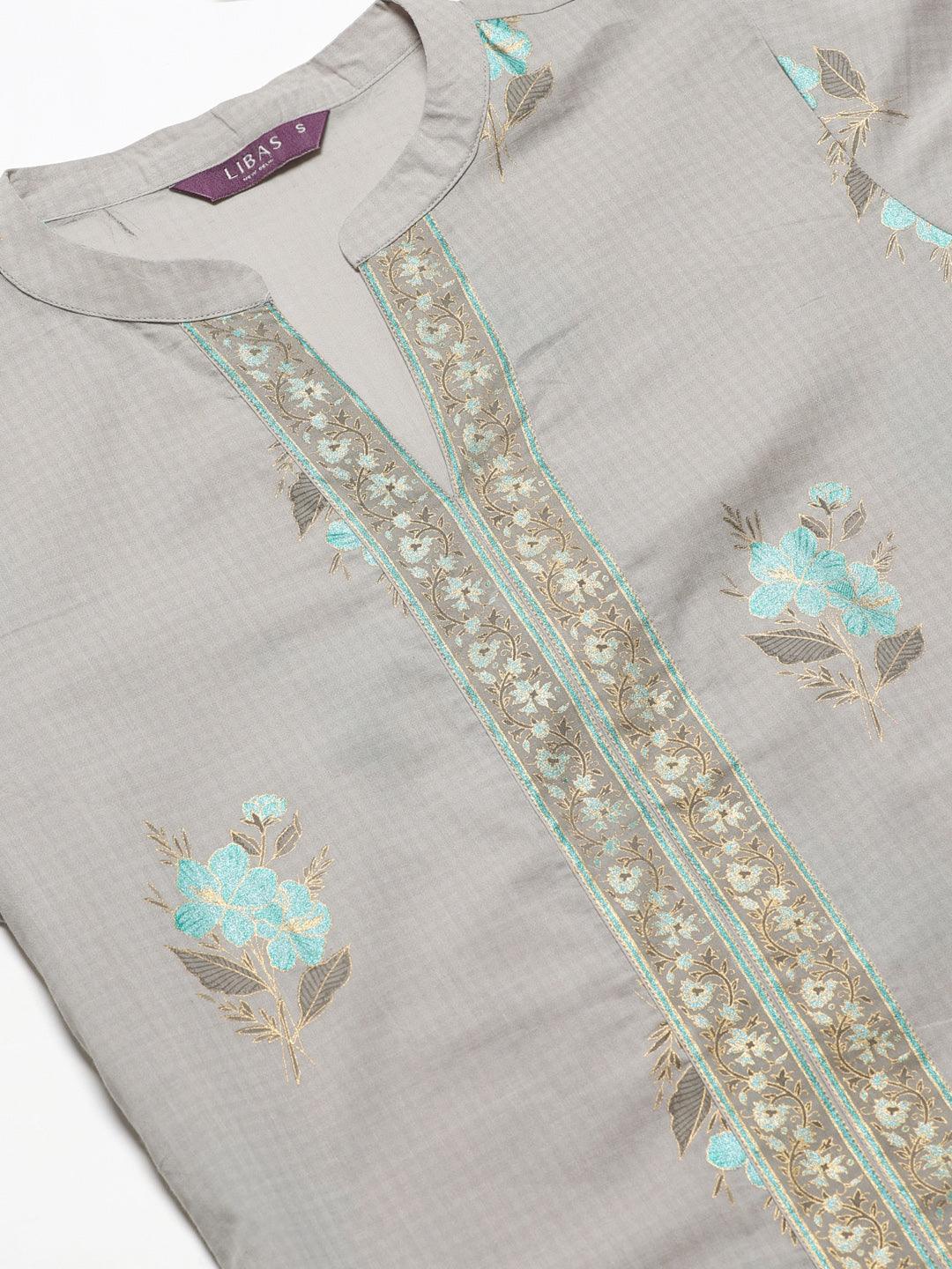 Grey Printed Cotton Kurta Set