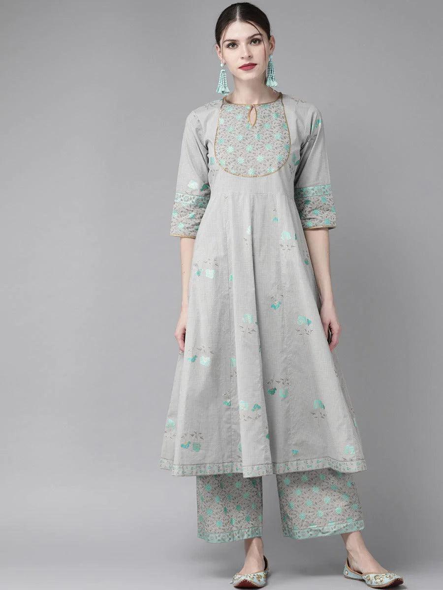 Grey Printed Cotton Kurta Set