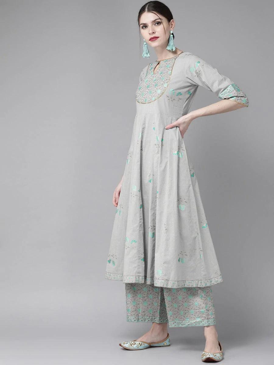 Grey Printed Cotton Kurta Set