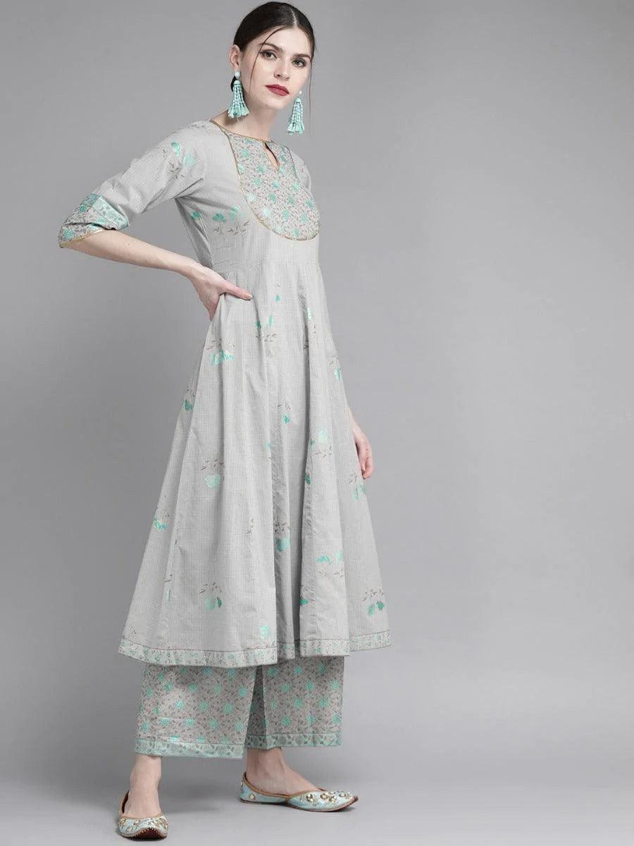 Grey Printed Cotton Kurta Set