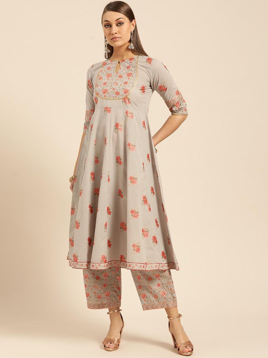 Taupe Printed Cotton Kurta Set