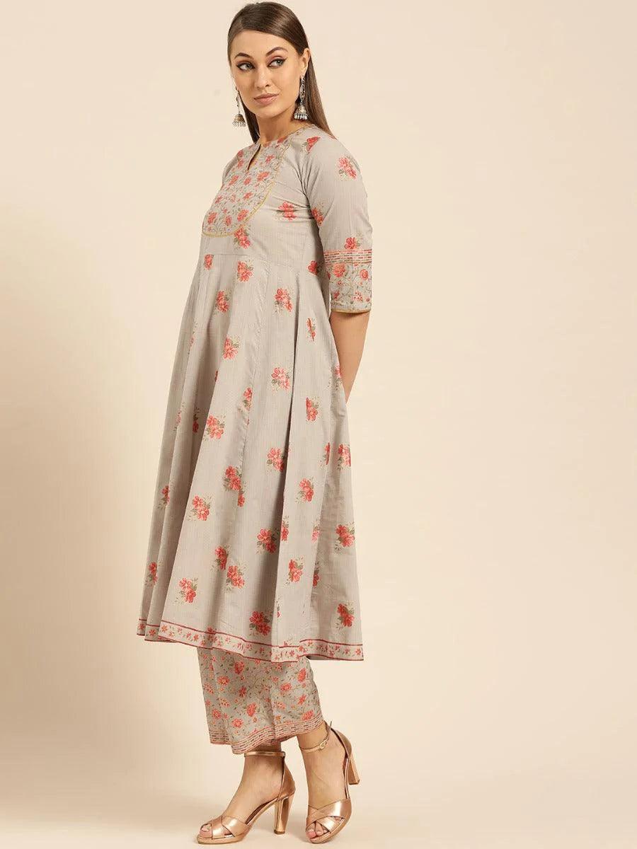 Taupe Printed Cotton Kurta Set