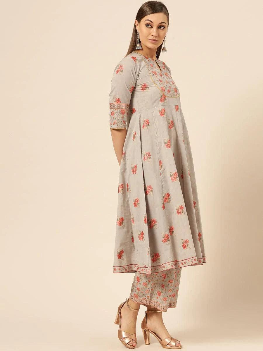 Taupe Printed Cotton Kurta Set