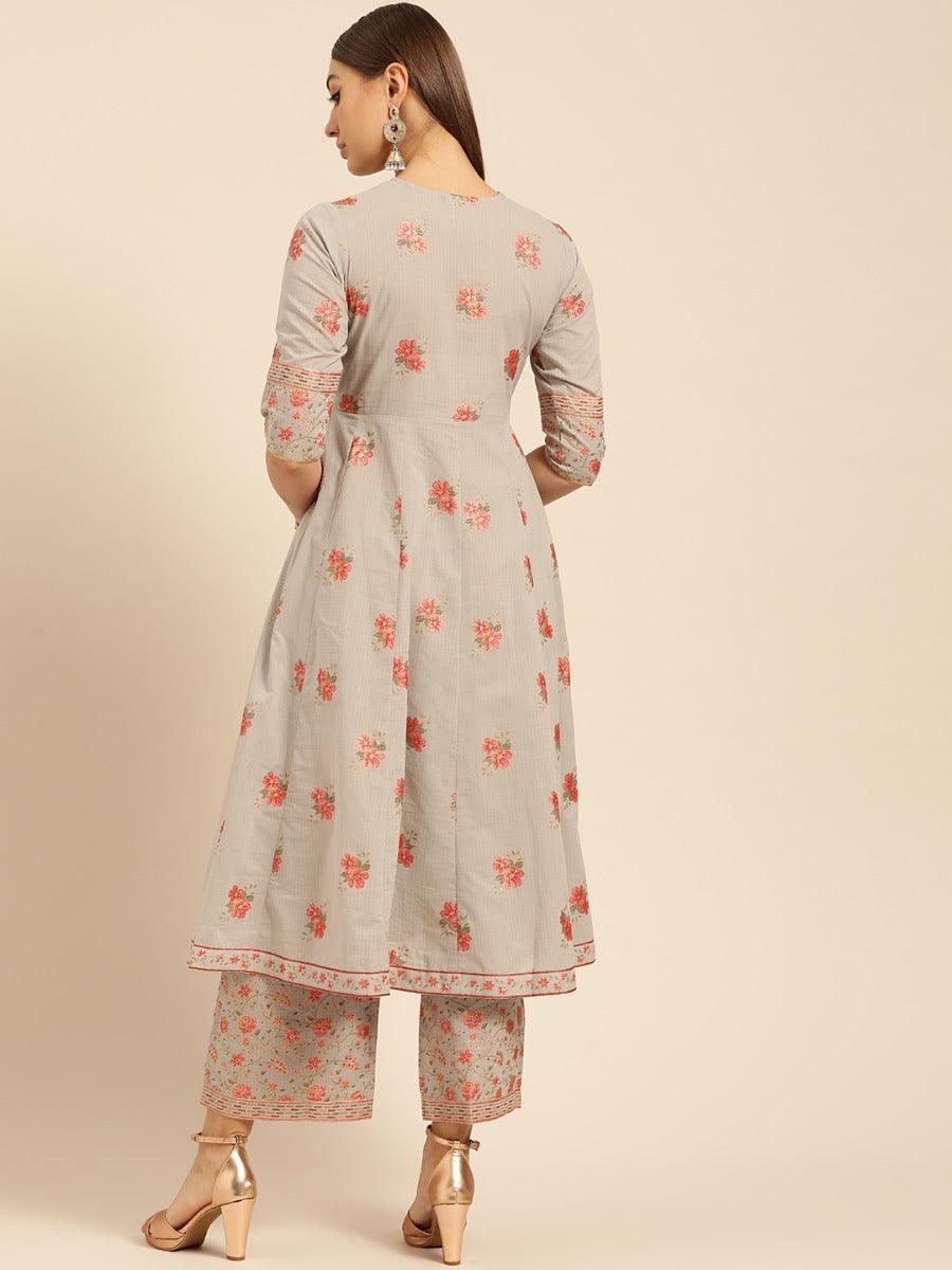 Taupe Printed Cotton Kurta Set