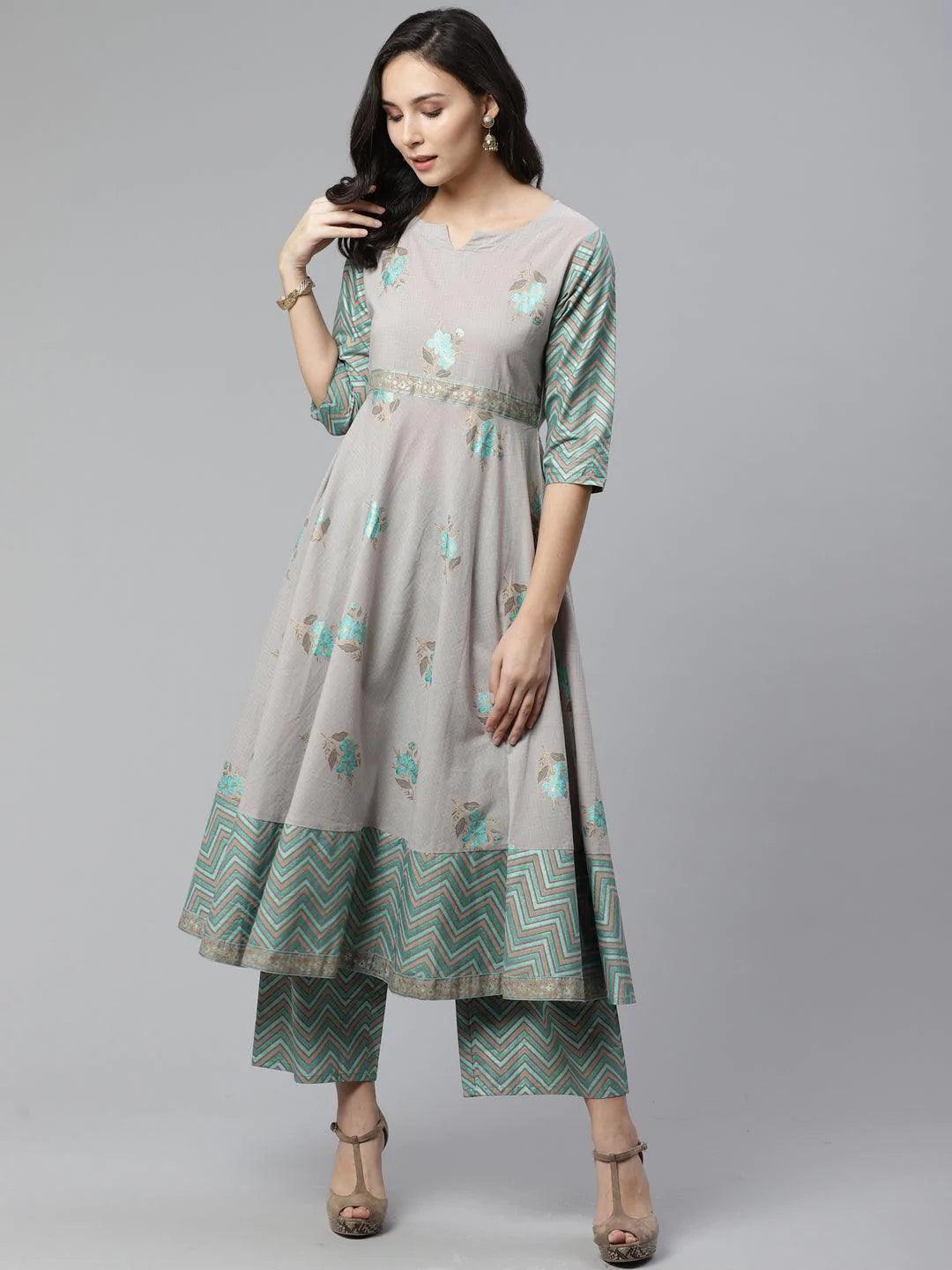 Grey Printed Cotton Kurta Set