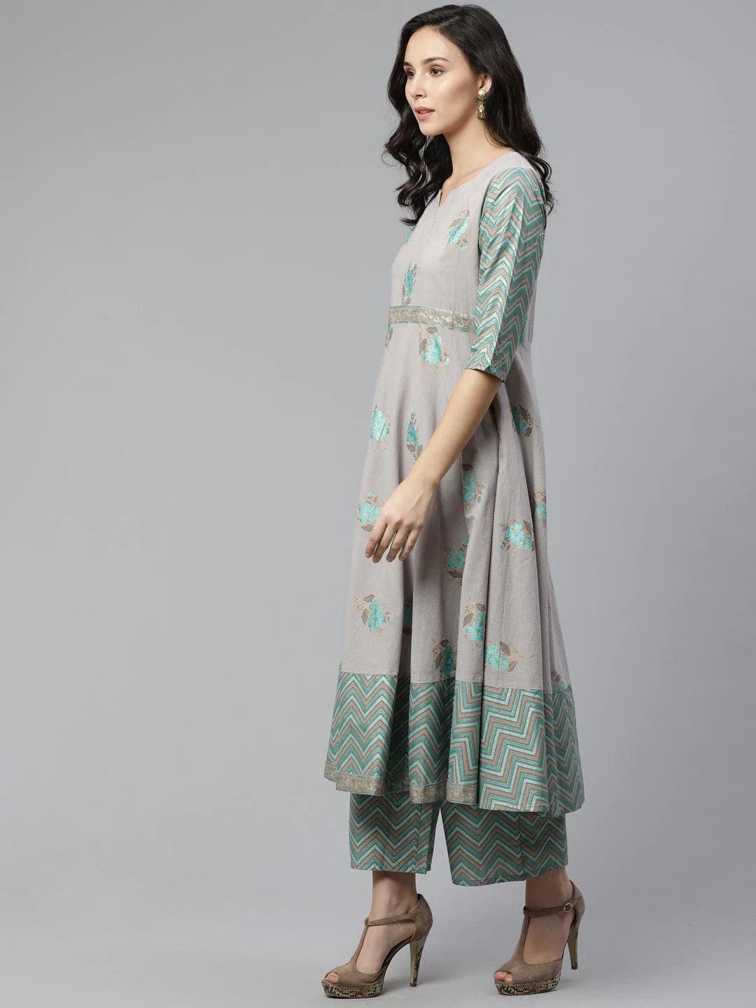 Grey Printed Cotton Kurta Set