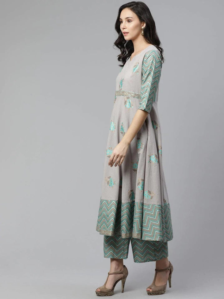 Grey Printed Cotton Kurta Set - ShopLibas