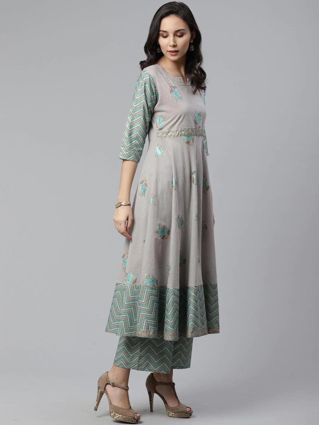 Grey Printed Cotton Kurta Set