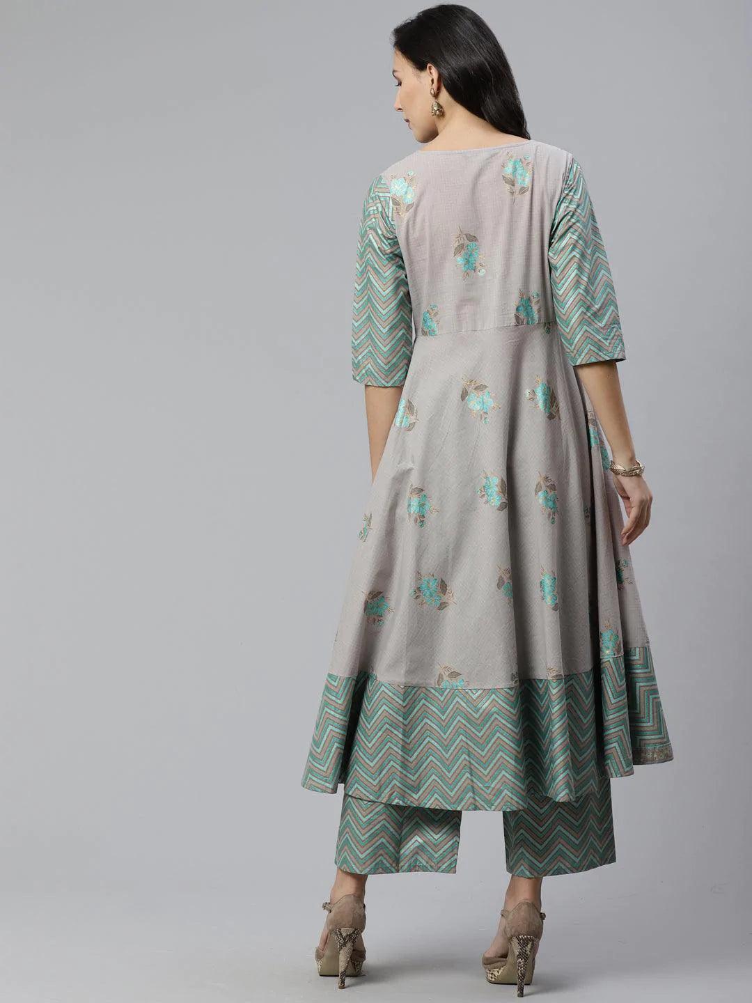 Grey Printed Cotton Kurta Set