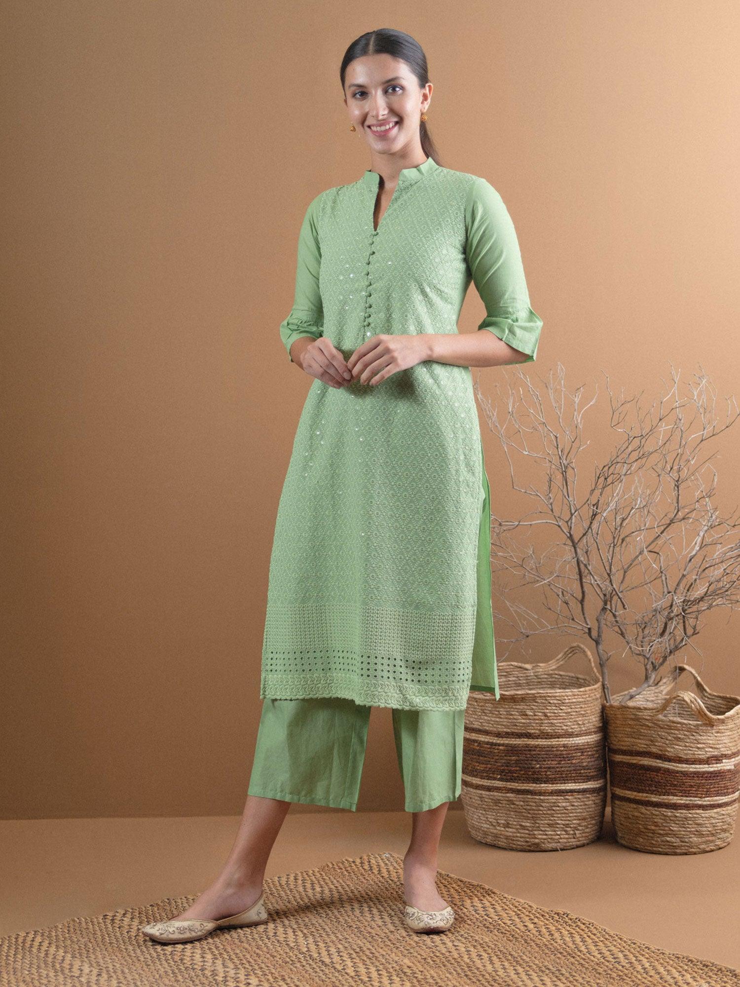 Green Schiffli Cotton Kurta Set