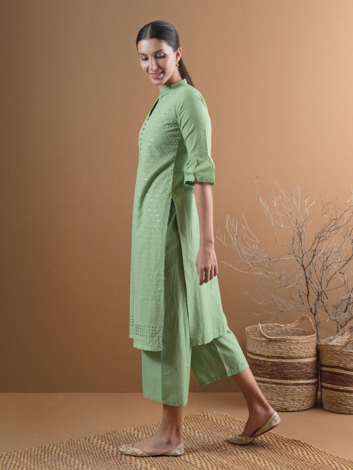 Green Schiffli Cotton Kurta Set