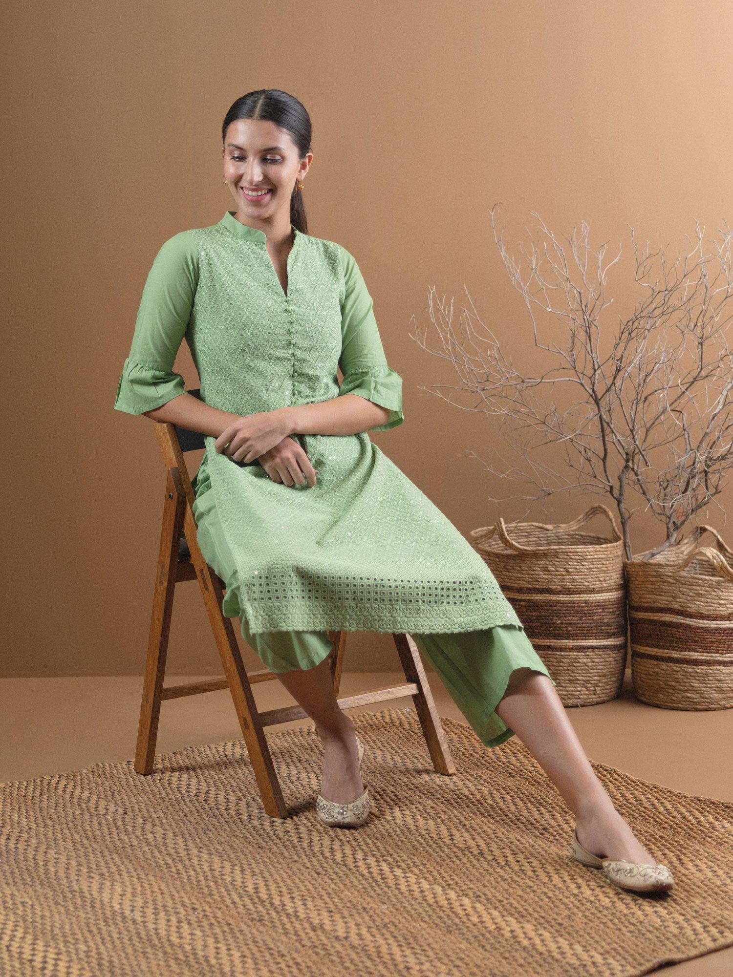 Green Schiffli Cotton Kurta Set