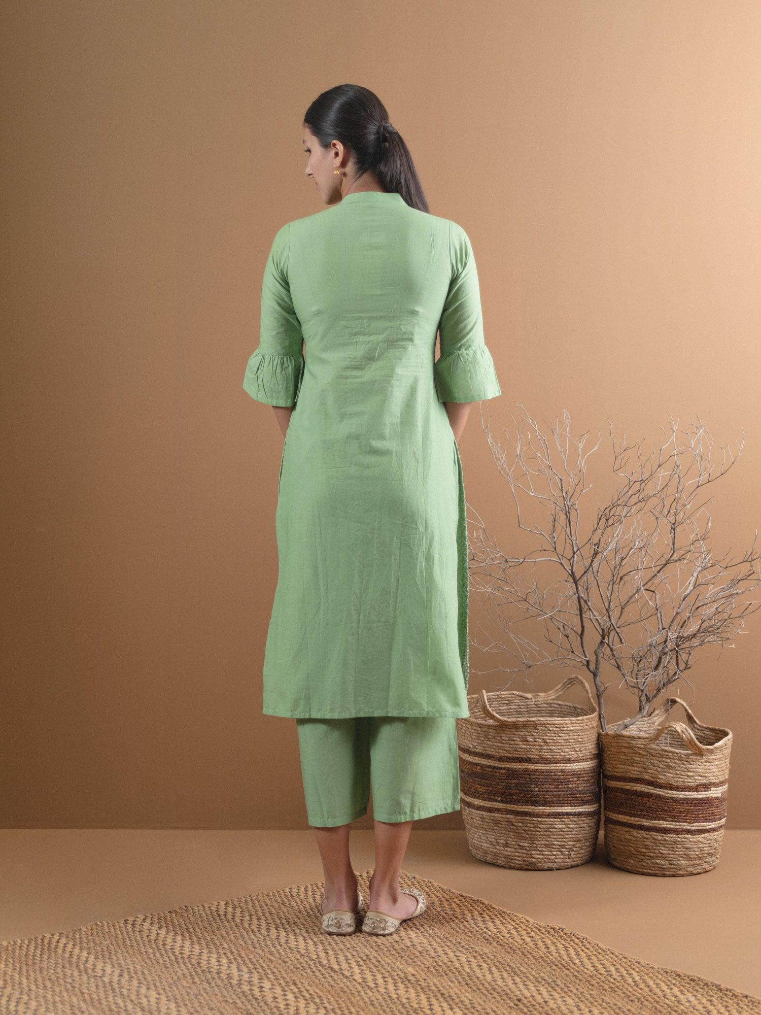 Green Schiffli Cotton Kurta Set