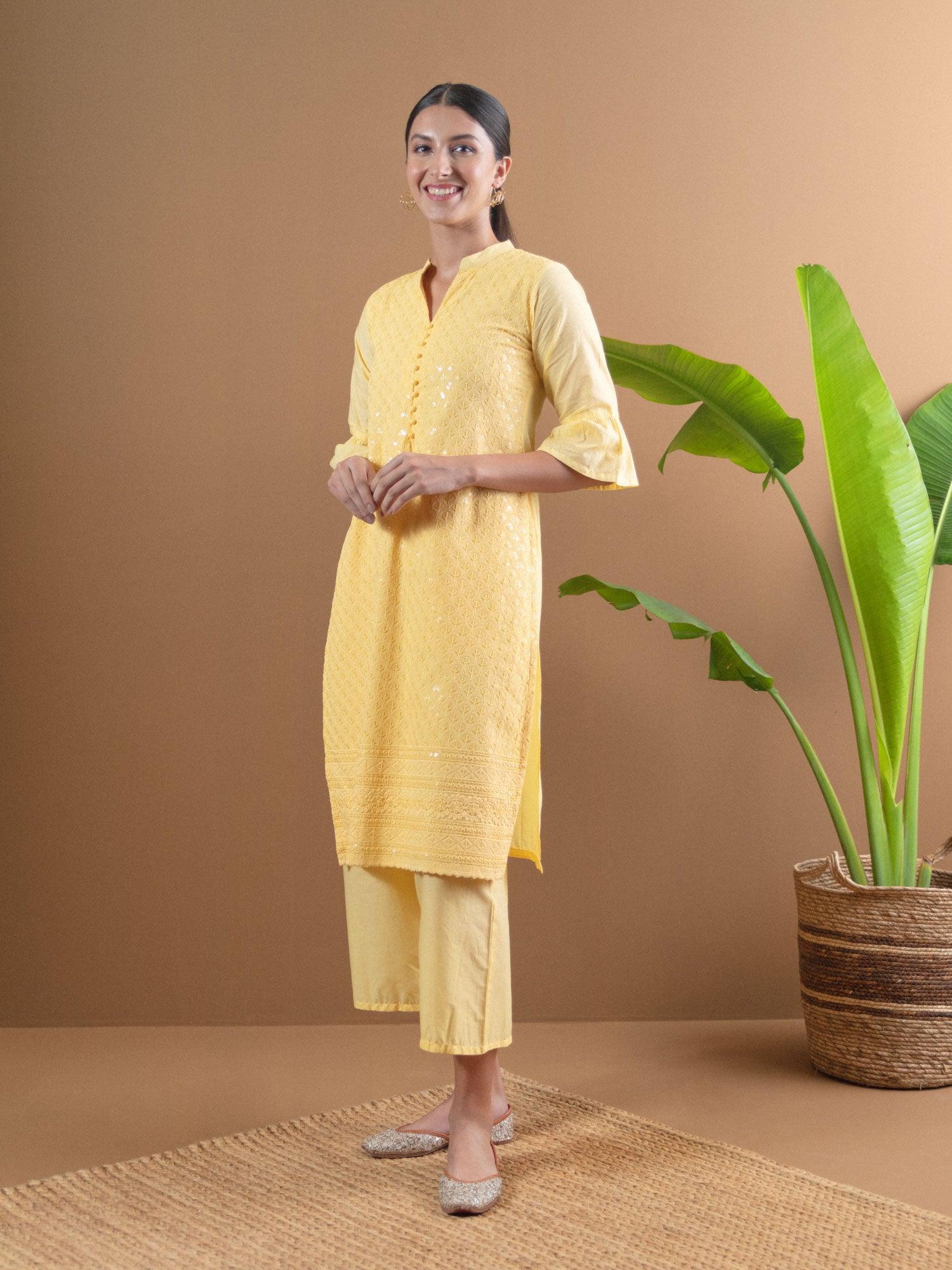 Yellow Schiffli Cotton Kurta Set