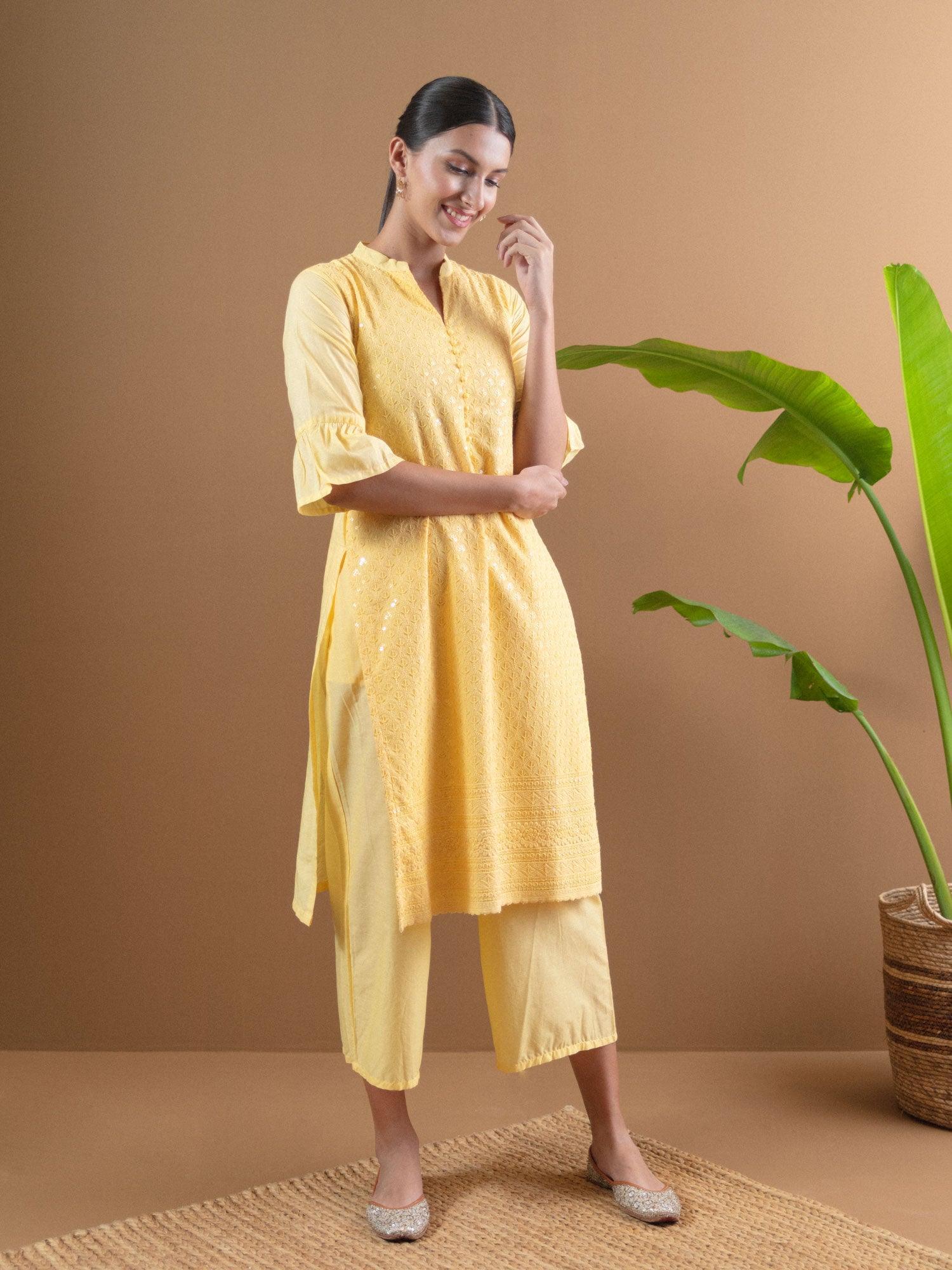 Yellow Schiffli Cotton Kurta Set