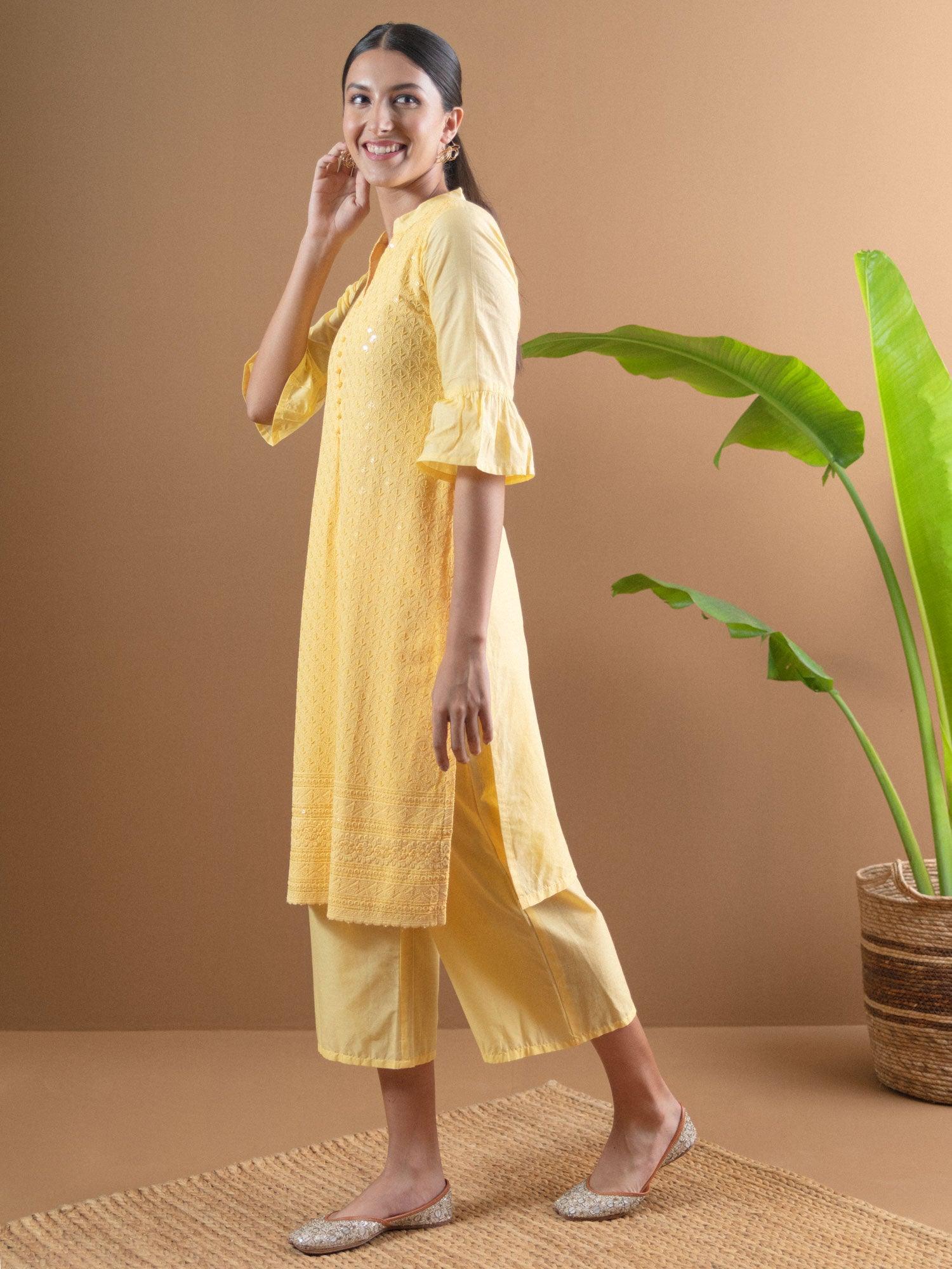 Yellow Schiffli Cotton Kurta Set