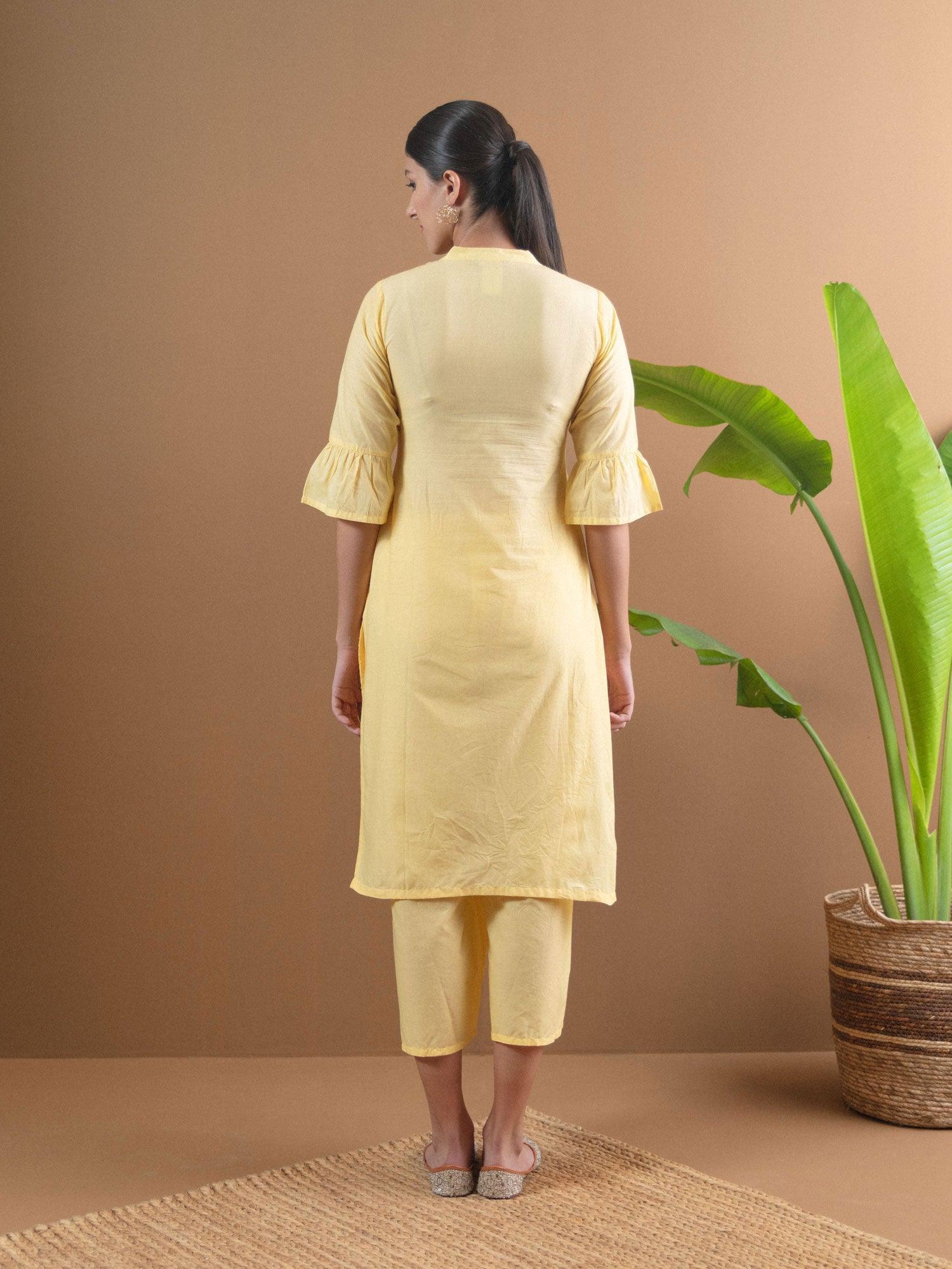 Yellow Schiffli Cotton Kurta Set