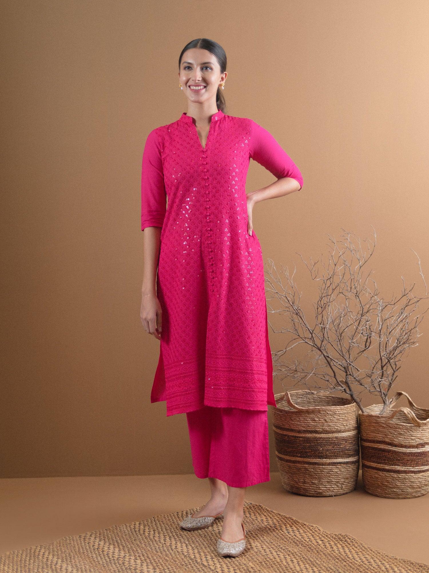 Pink Schiffli Cotton Kurta Set