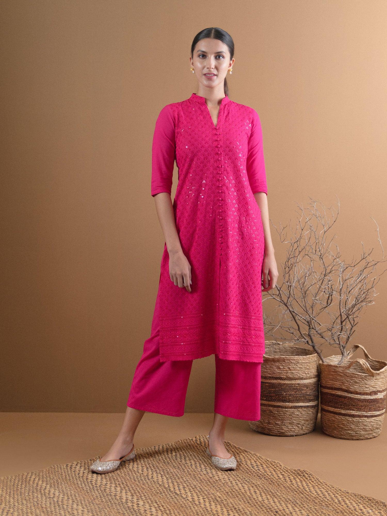 Pink Schiffli Cotton Kurta Set