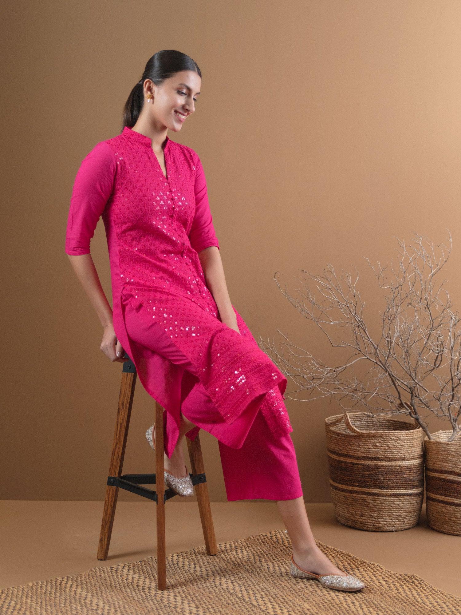 Pink Schiffli Cotton Kurta Set