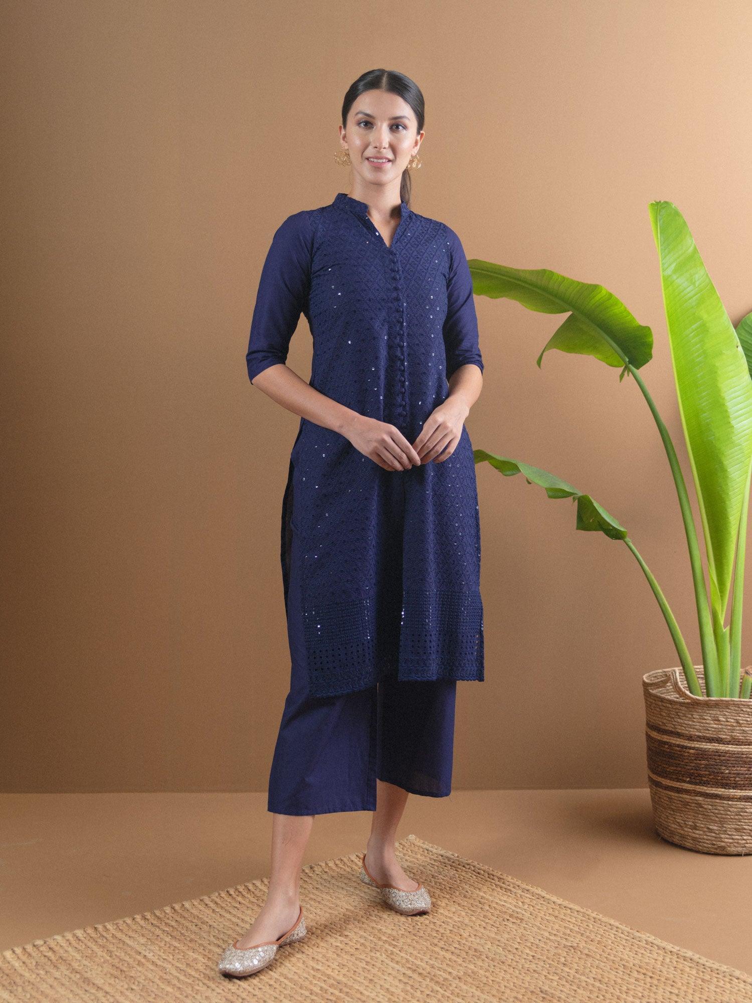 Blue Schiffli Cotton Kurta Set