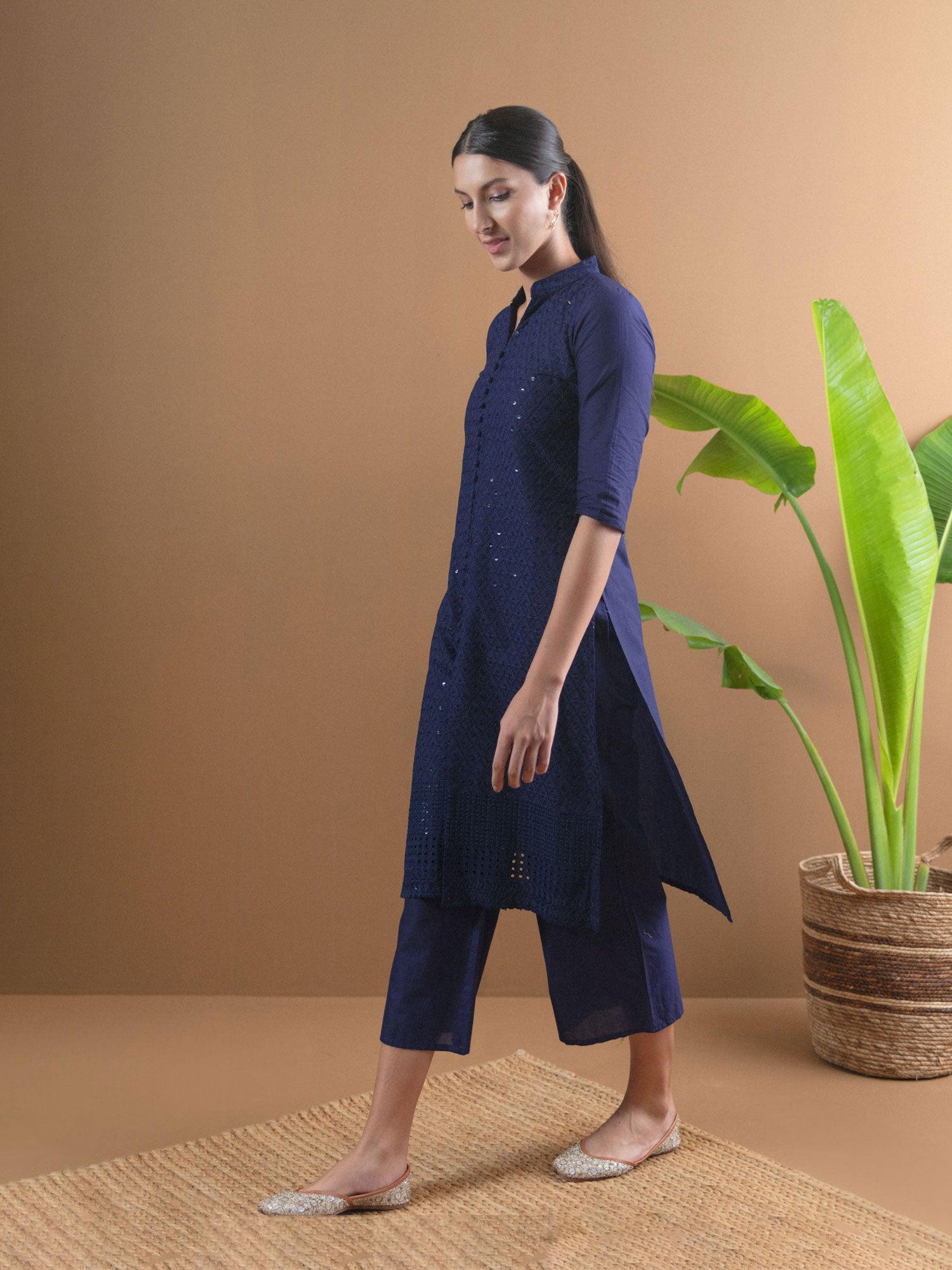 Blue Schiffli Cotton Kurta Set