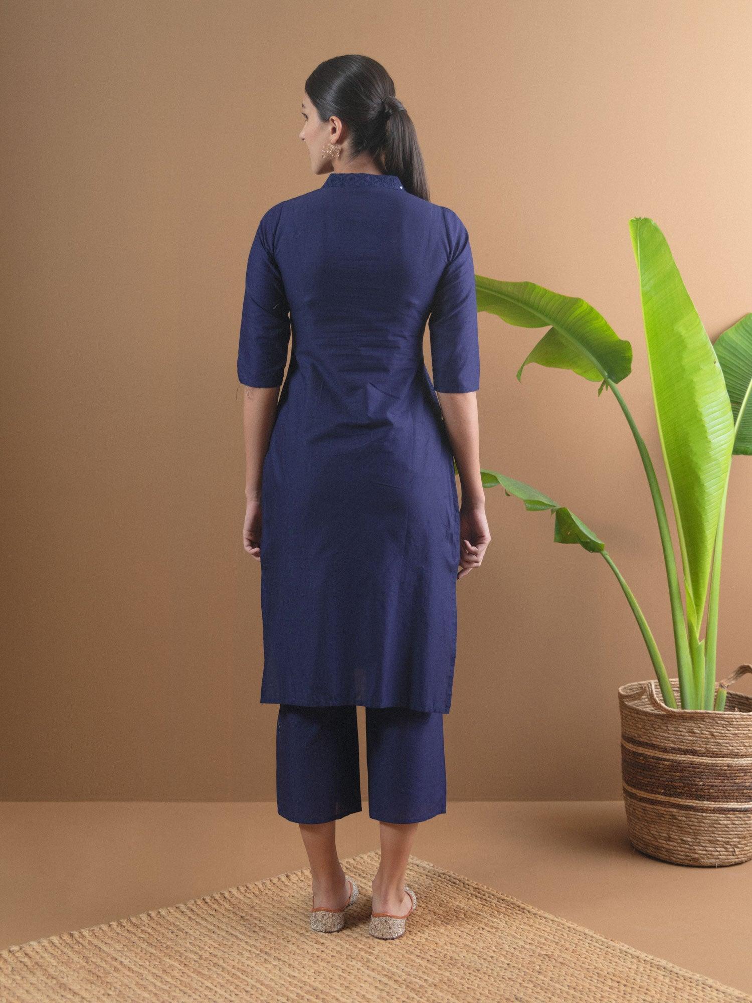 Blue Schiffli Cotton Kurta Set