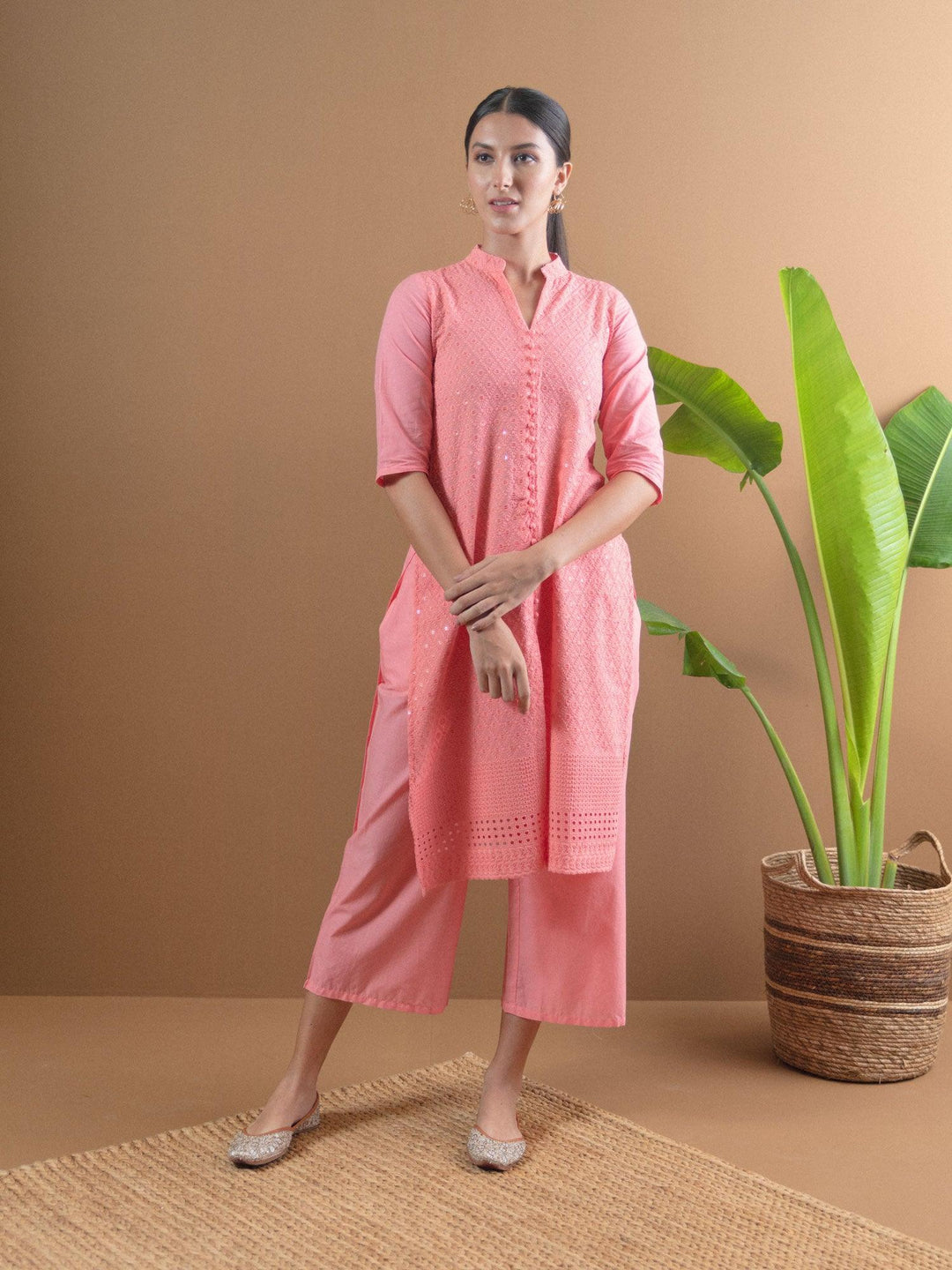 Pink Schiffli Cotton Kurta Set - ShopLibas