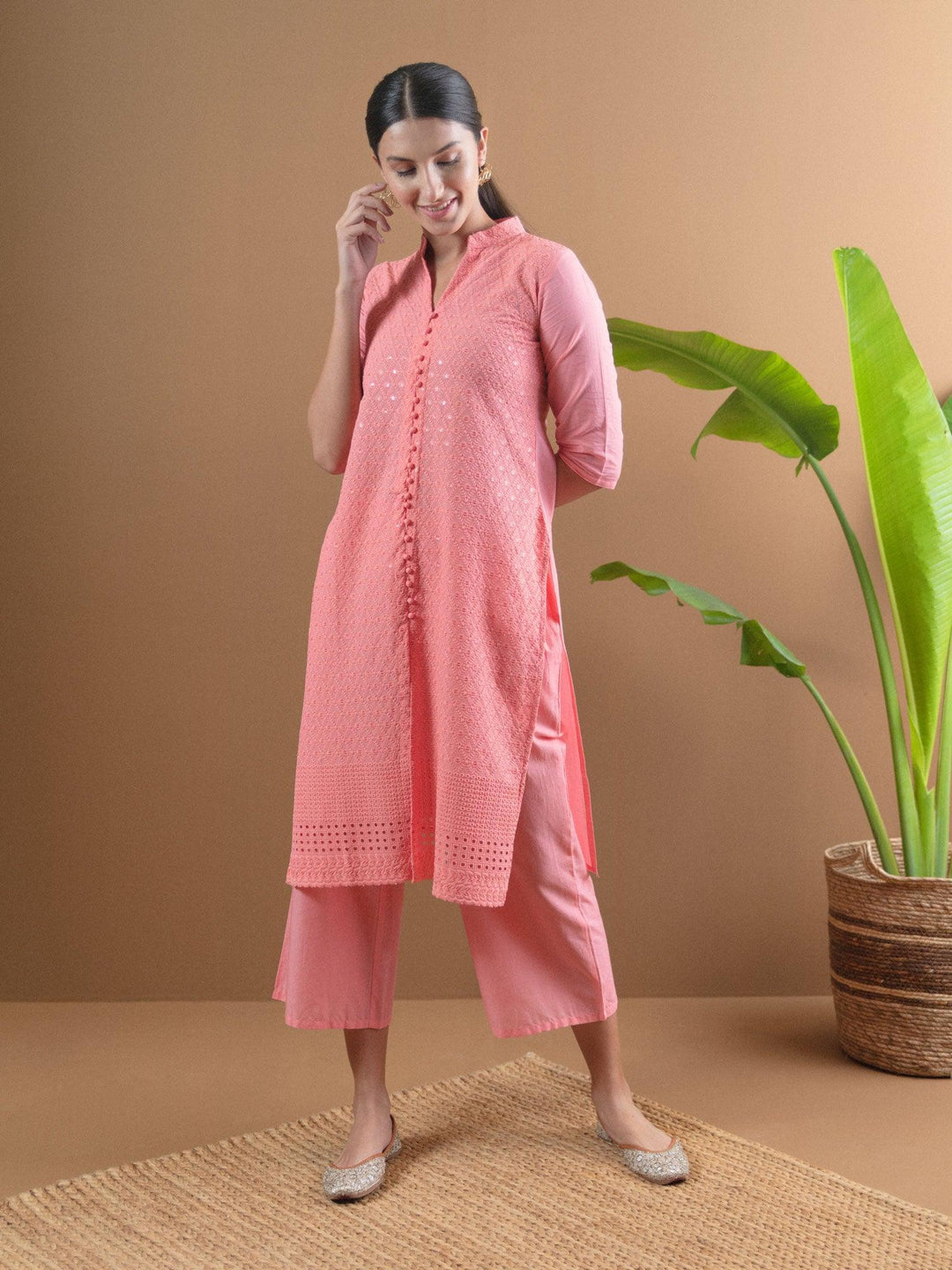 Pink Schiffli Cotton Kurta Set - ShopLibas