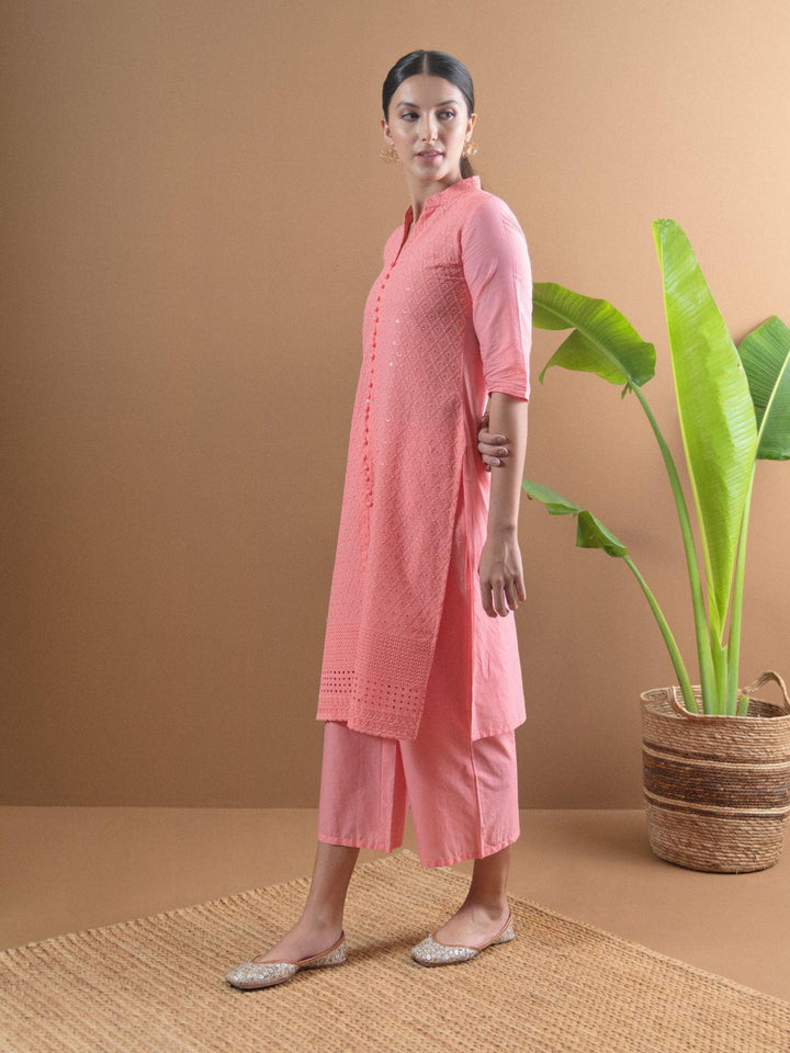 Pink Schiffli Cotton Kurta Set - ShopLibas