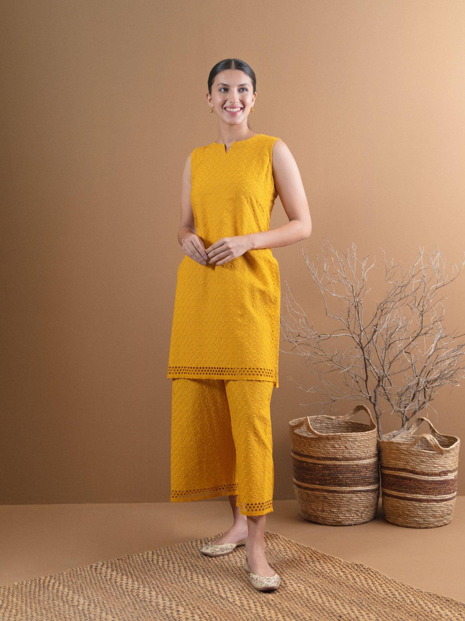 Yellow Schiffli Cotton Kurta Set